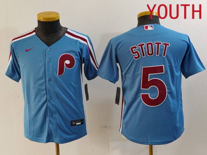 Youth Philadelphia Phillies #5 Stott Blue Throwback 2024 Nike MLB Jersey style 3->youth mlb jersey->Youth Jersey